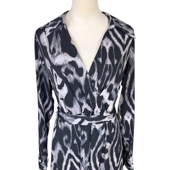 Lane Bryant NWT Black Gray Ikat Print Long Sleeve V-neck Mini Faux Wrap Dress - Picture 4 of 12